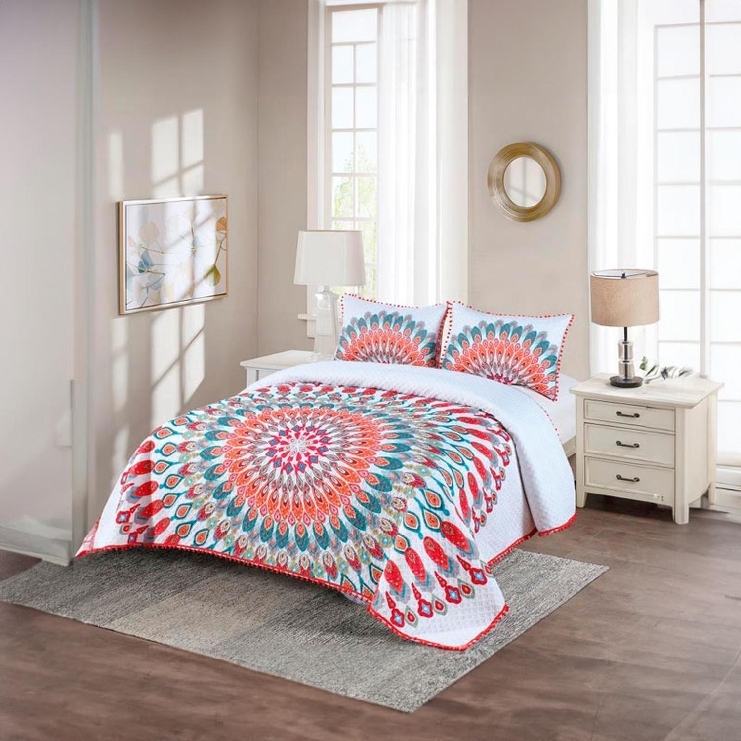 Cubrecama Quilt 2 Plazas Diseño Mandala Real Con Pompones-1