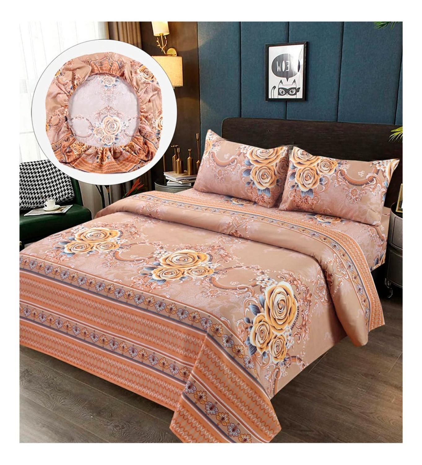 Sabanas Premium 1.5 Plazas 100% Algodón Naranja Flor-0