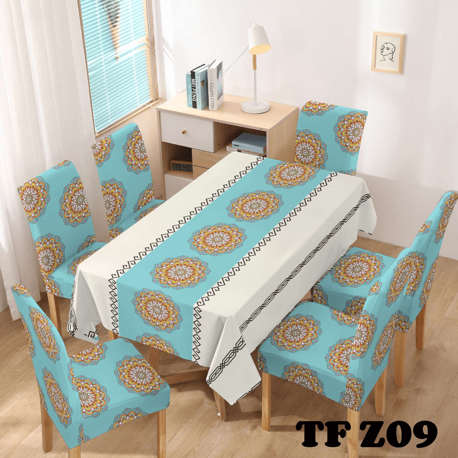 MANTEL PARA MESA COMEDOR CON 6 FUNDAS DE SILLA-1