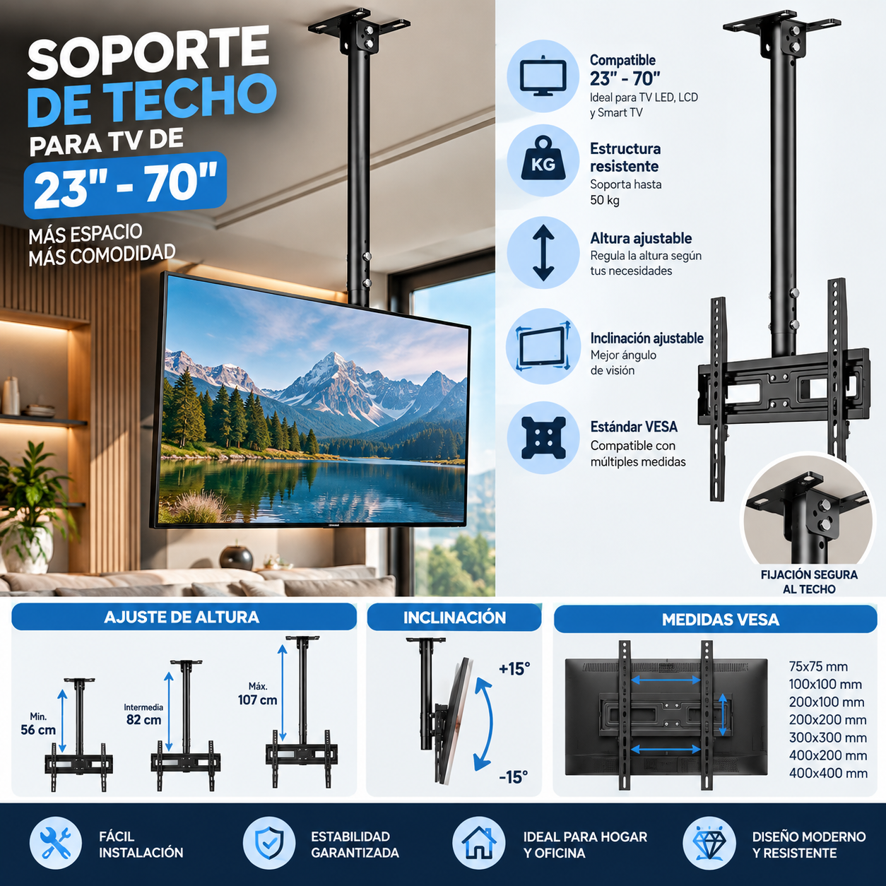 Soporte de Techo para TV de 23 a 70 Ajustable y Resistente-1
