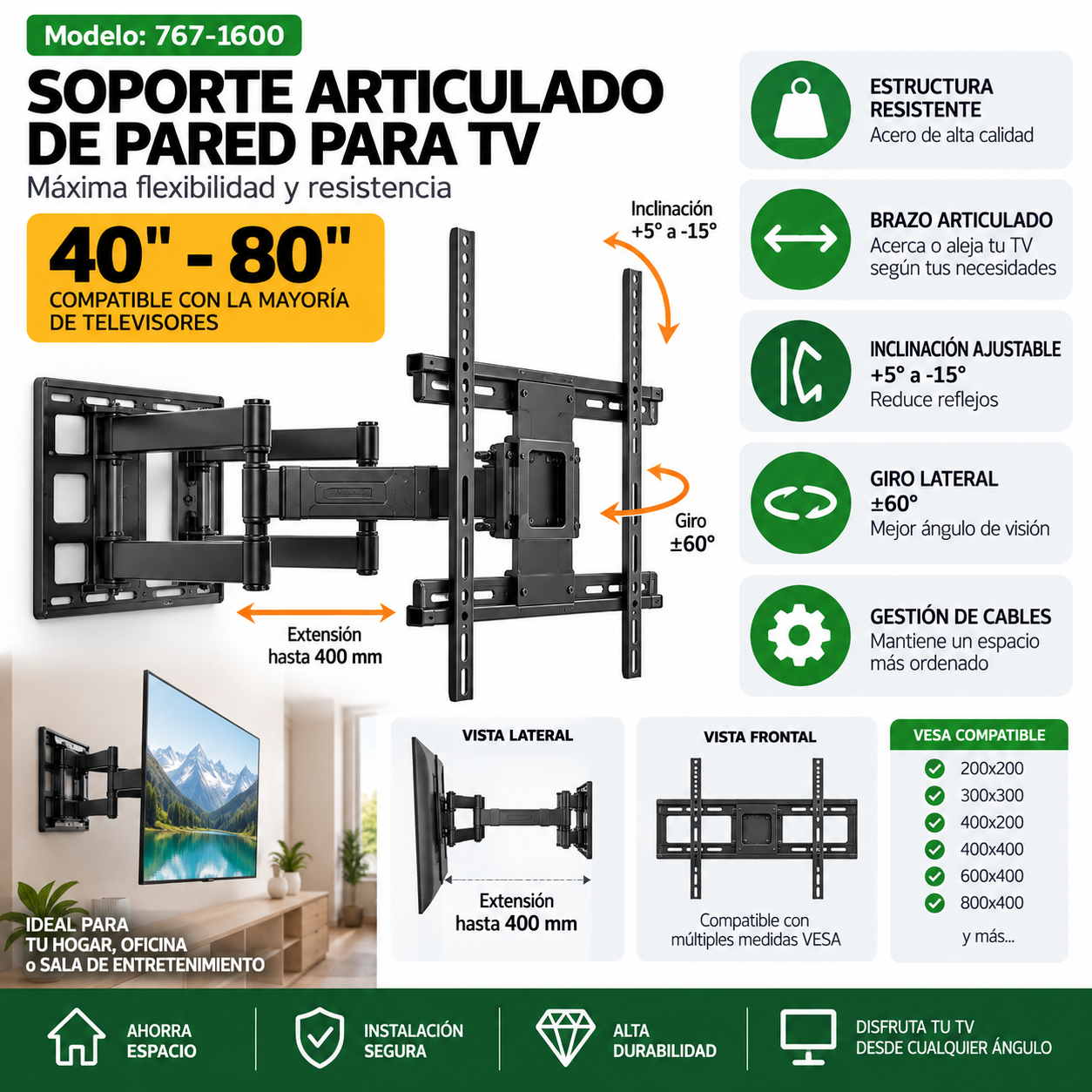 Soporte Articulado de Pared para TV 40 a 80 Full Motion M767 1600-1
