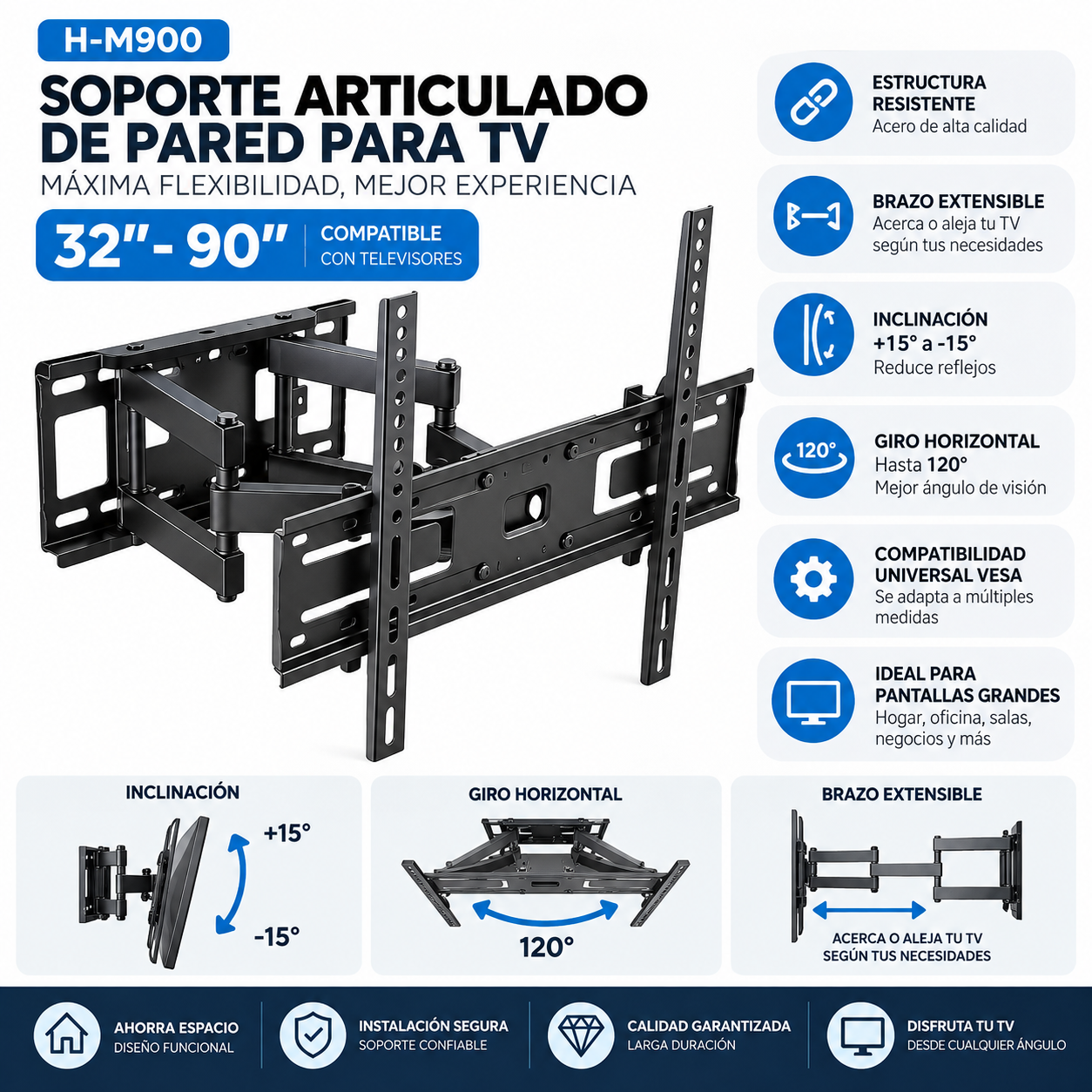Soporte Articulado de Pared para TV 32 a 90 H M900 Full Motion-1