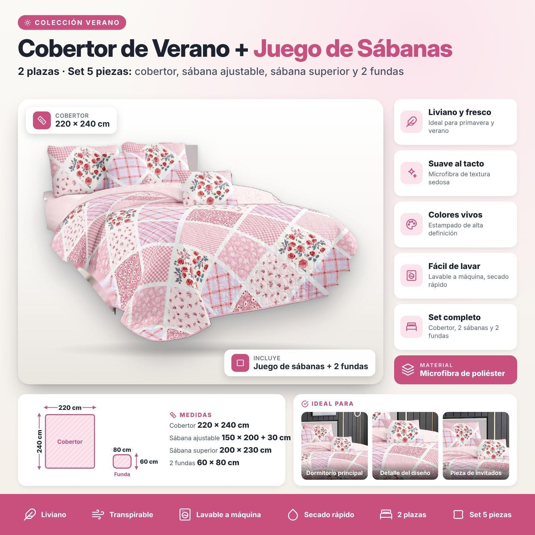 Cobertor de Verano 2 Plazas mas Juego de Sabanas y 2 Fundas -3