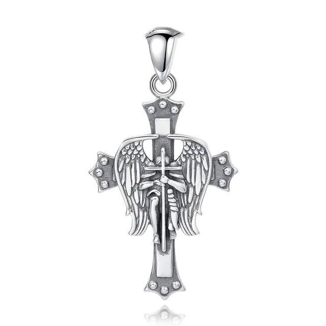Colgante cruz de alas de arcángel san miguel en plata fina 950-0