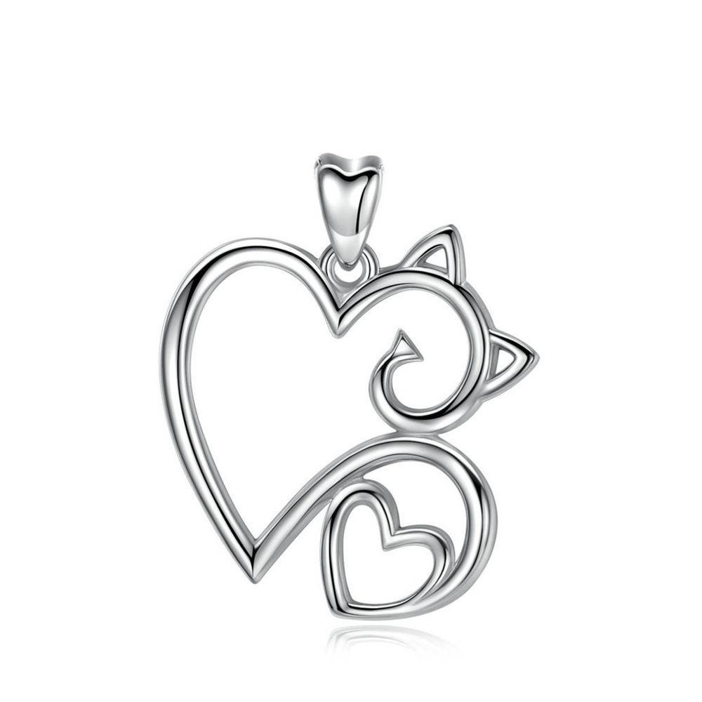 Colgante gato corazón en plata fina 950, con cadena-0