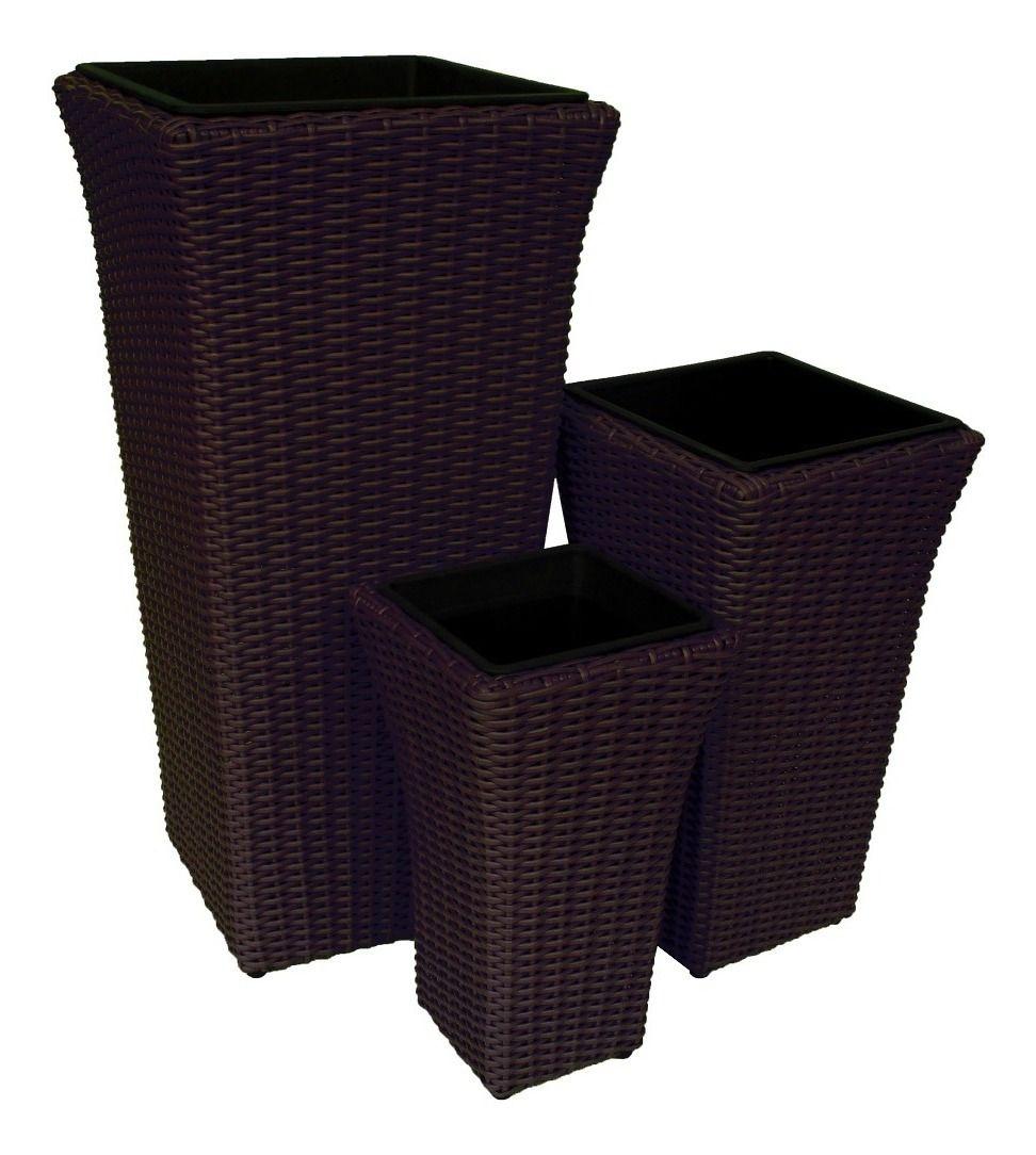Set De 3 Maceteros Rectangular Color Café Rattan Plástico-0