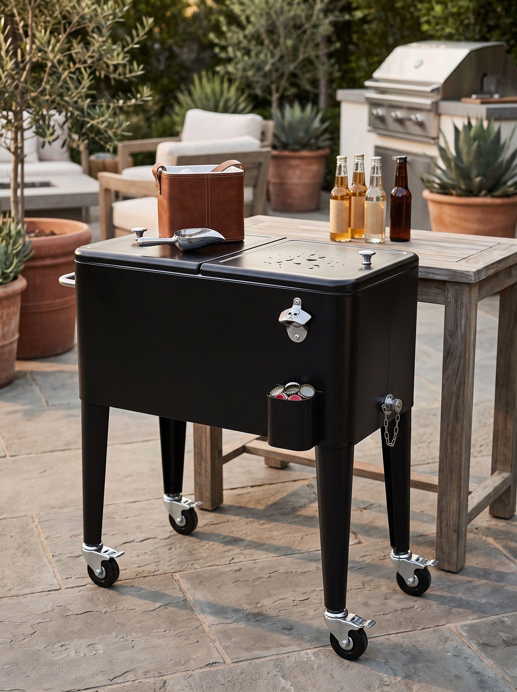 Cooler Retro Metálico Negro Con Manilla Y Ruedas 60 Litros-2