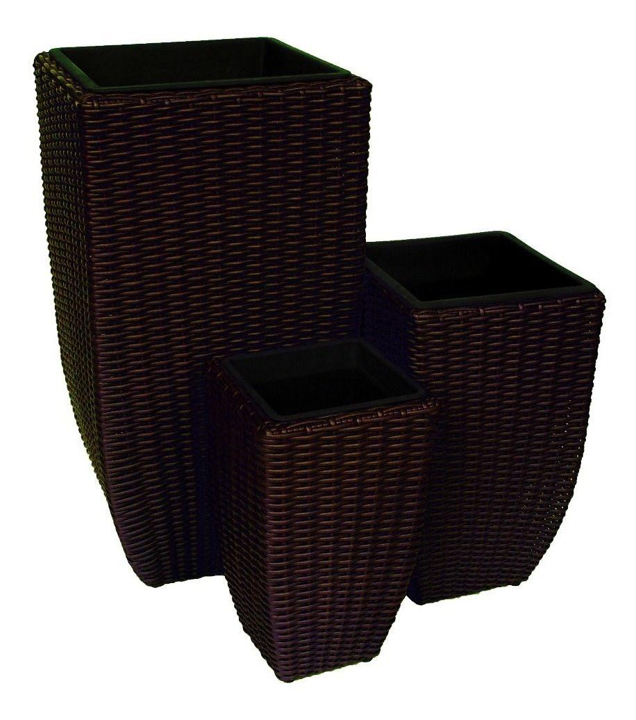 Set De 3 Maceteros Cuadrado Rattan Plástico, Jardín, Terraza-0