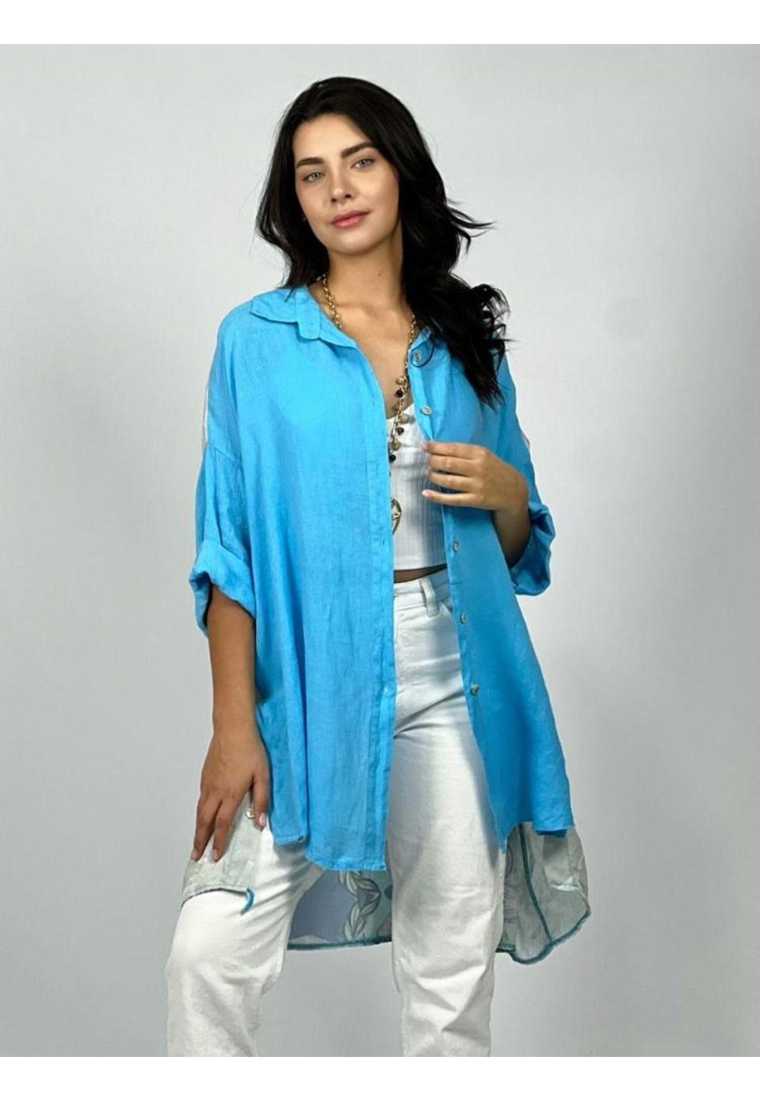 Blusón Italiano Dorso Estampado Rostro y Flores AzulEnigmática Boutique-0