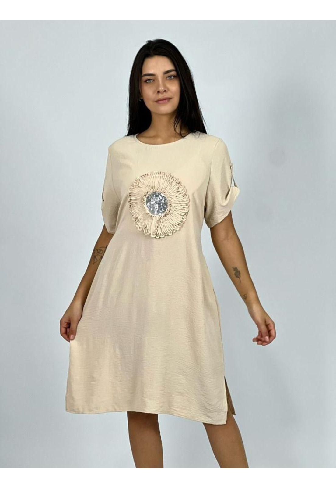 Vestido Crepe Holgado Circulo con Brillo Beige Enigmática Boutique-1