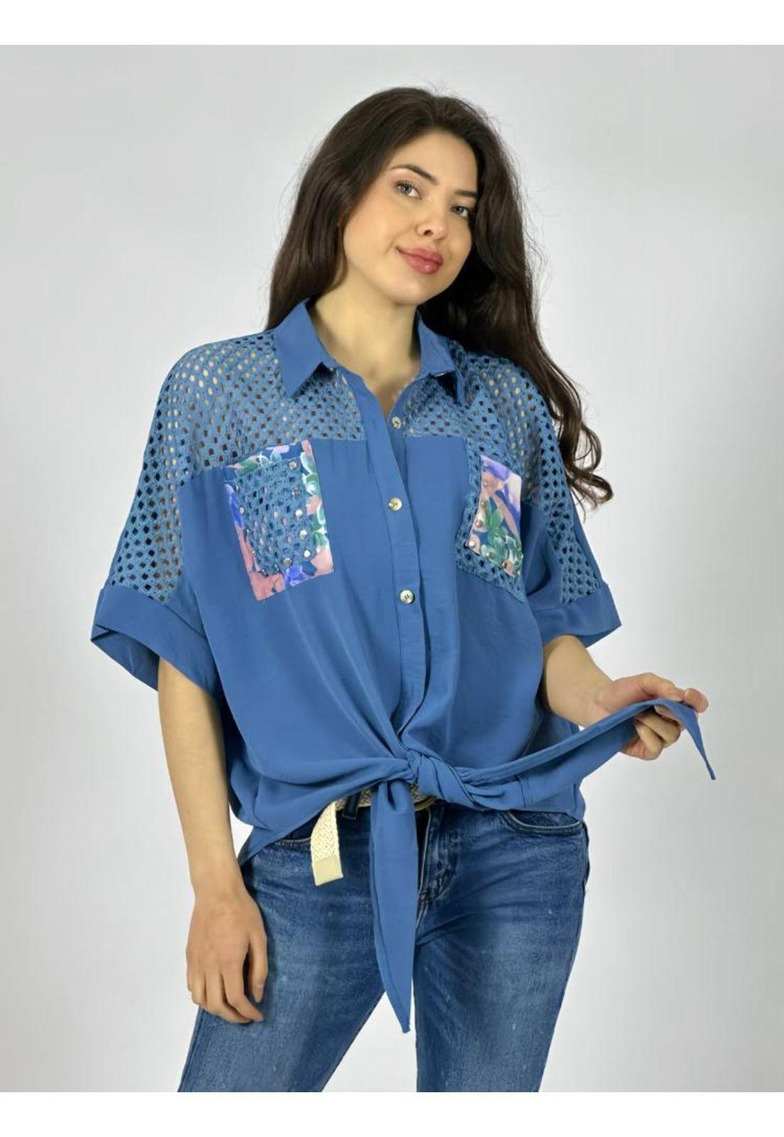 Blusa Crepé Hombros Tejidos Azul-0