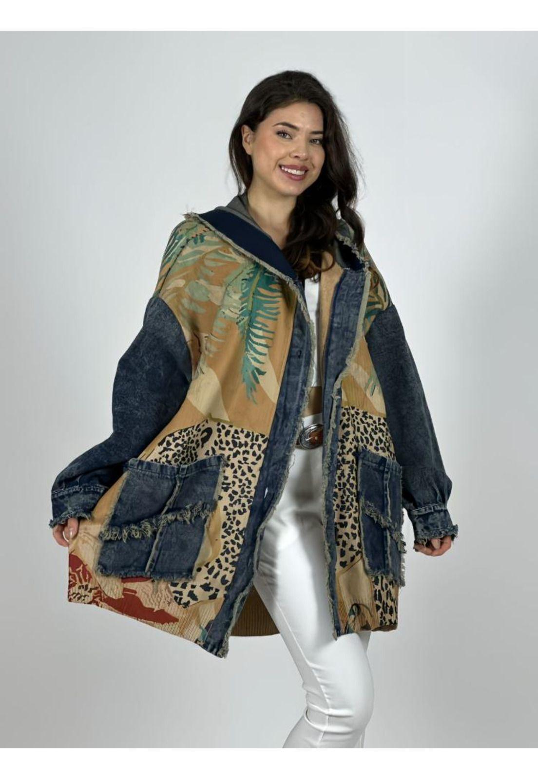 Abrigo Italiano Lana/Mezclilla Hojas y Leopardo-1