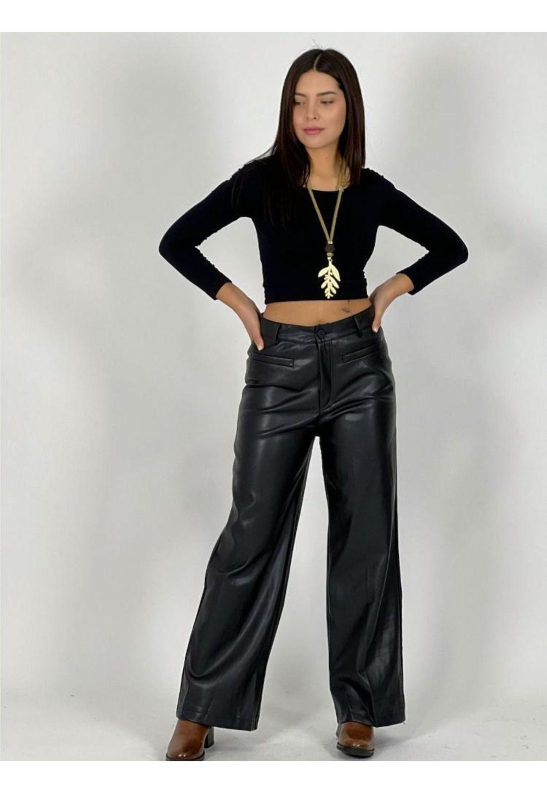 Pantalón Cuerina Bolsillos Recto Negro-0