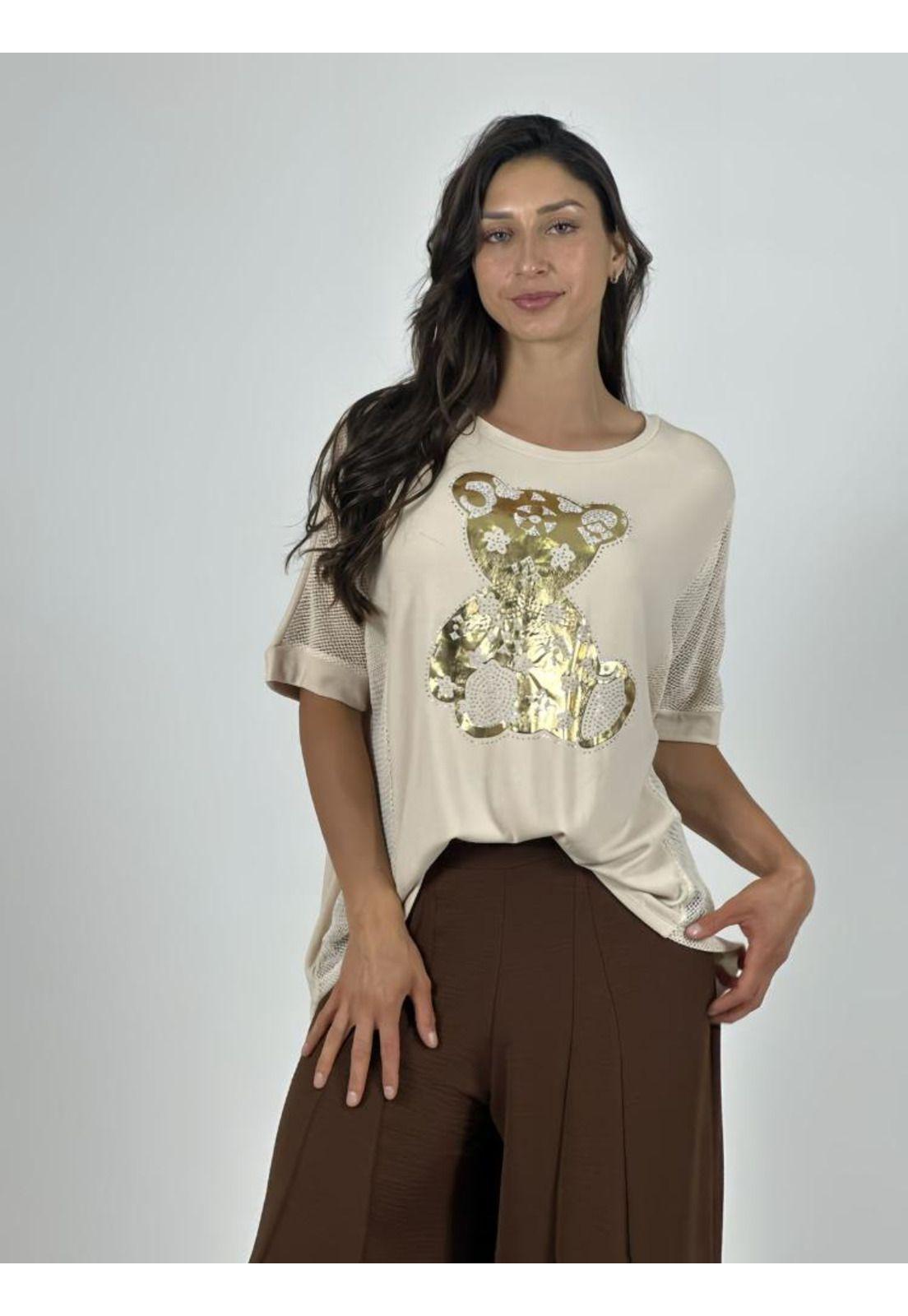 Polera Algodón Osito Dorado Mangas Tejidas-0