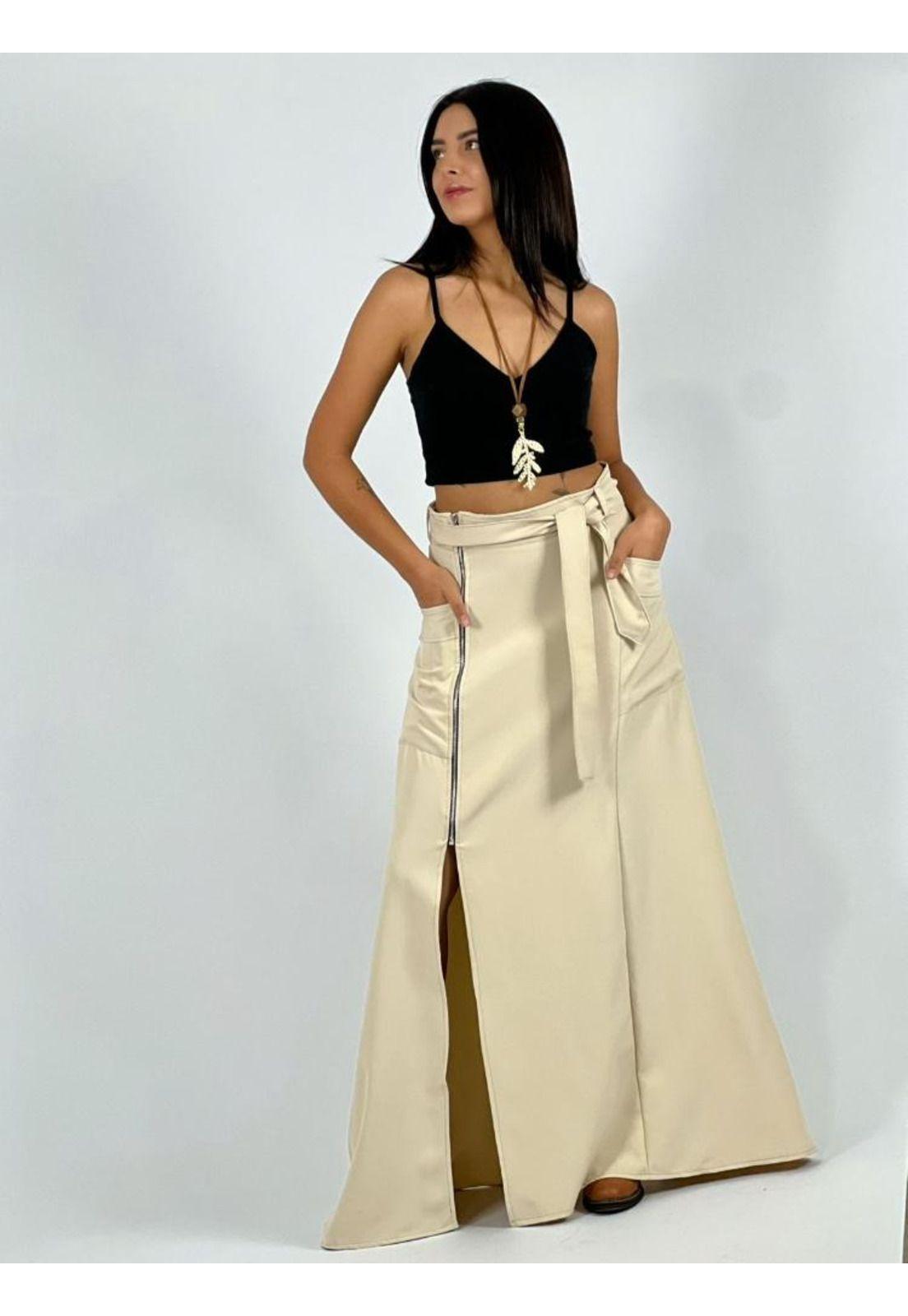 Falda Con Cinturón y Cierre Cruzado Beige Enigmática Boutique-2