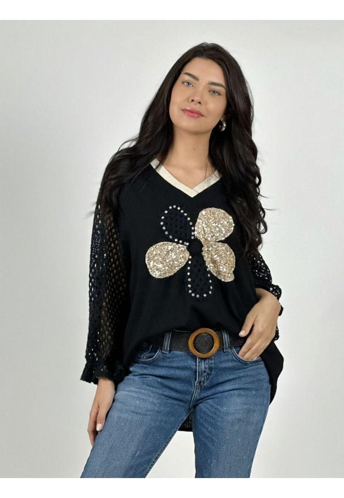 Polera Mangas Tejidas y Flor con Brillos-1