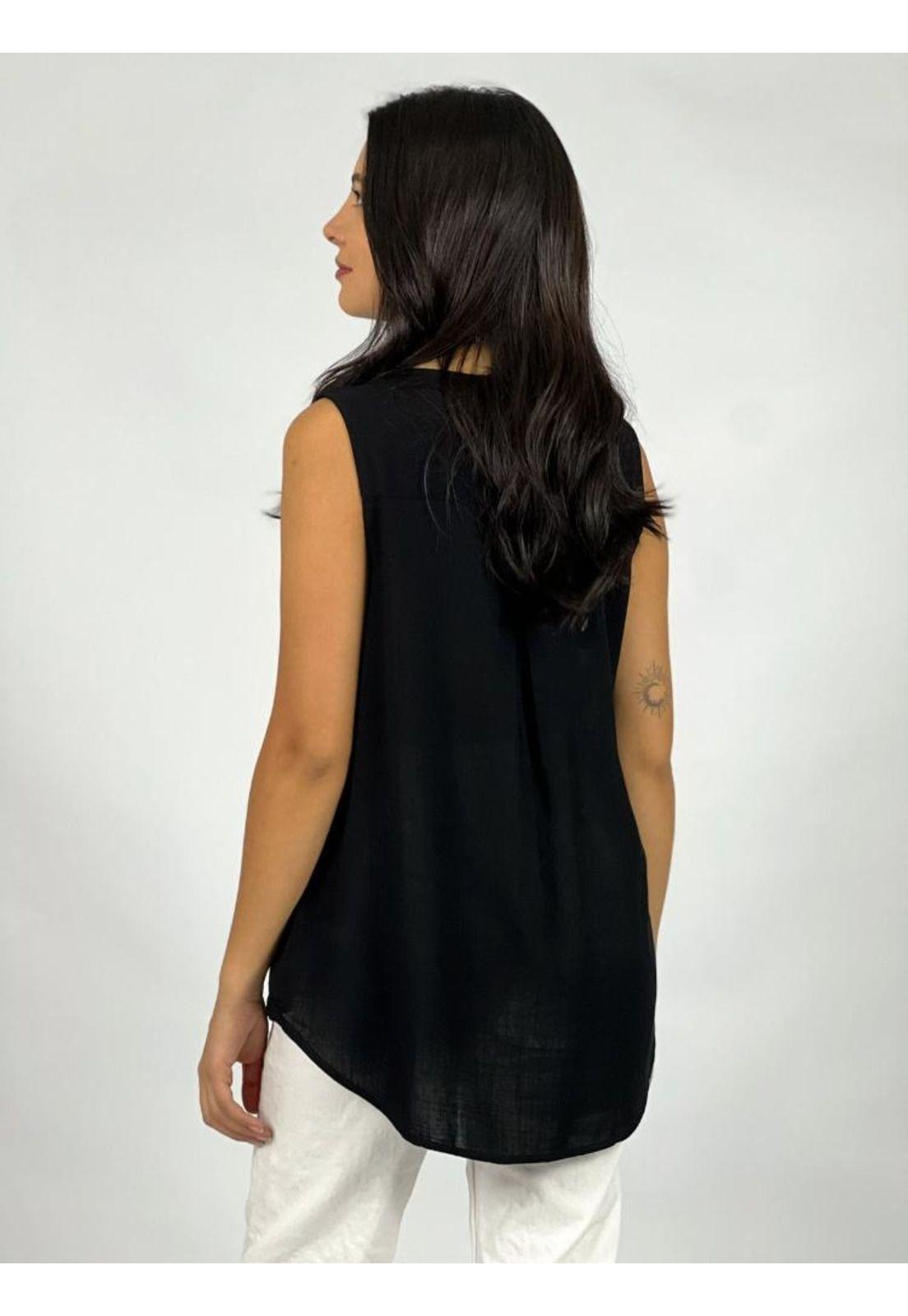 Blusa Lino Sin Mangas con 1 Botón Beige Enigmática Boutique-2