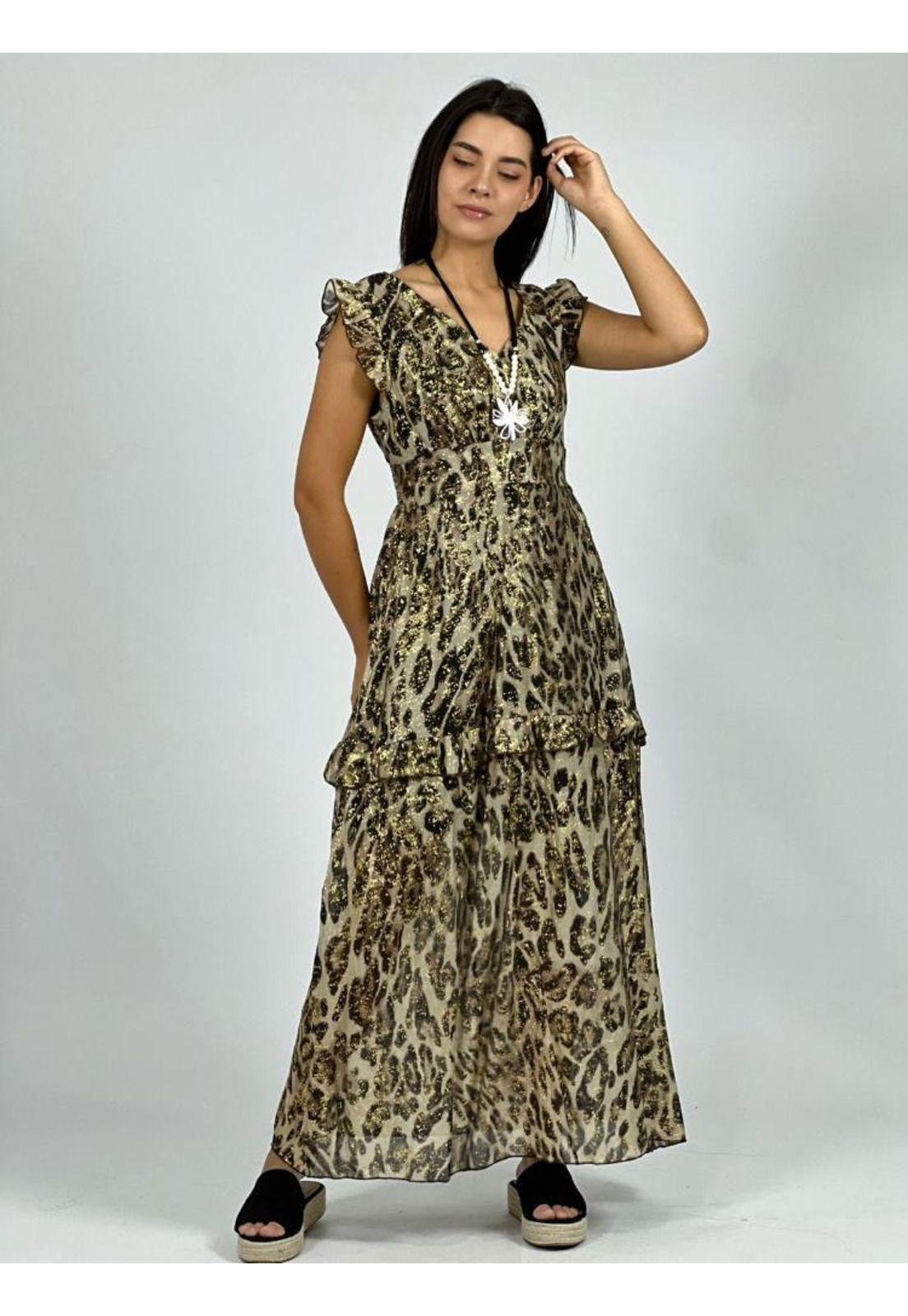 Vestido Gaza con Brillos y Manchas Beige Enigmática Boutique-1