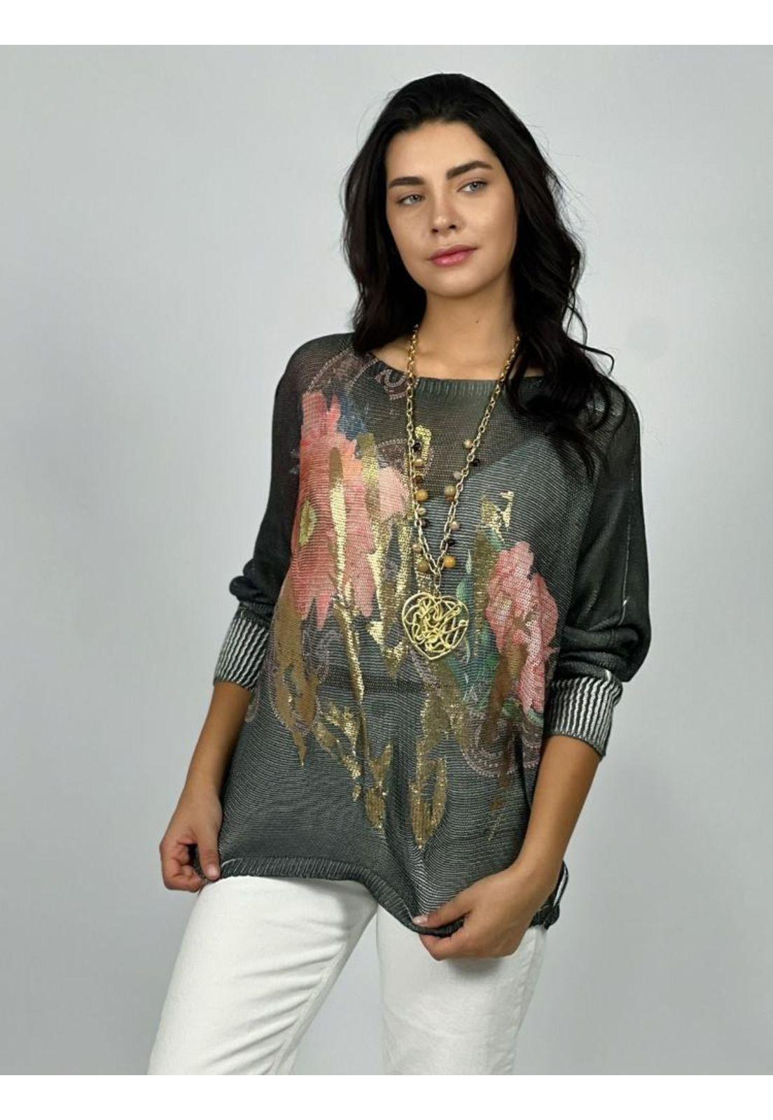 Sweater Italiano Flores Estampados Verde Enigmática Boutique-0