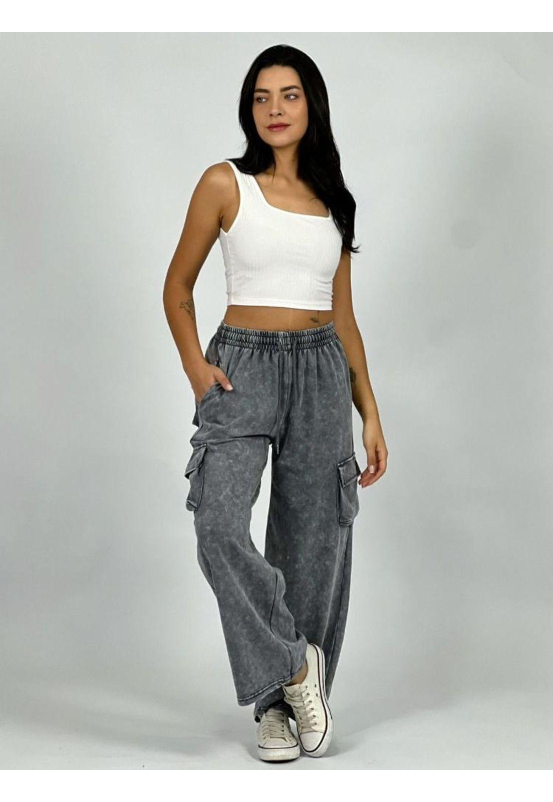 Pantalón Palazzo Algodón Bolsillos Cargo Gris Enigmática Boutique-0