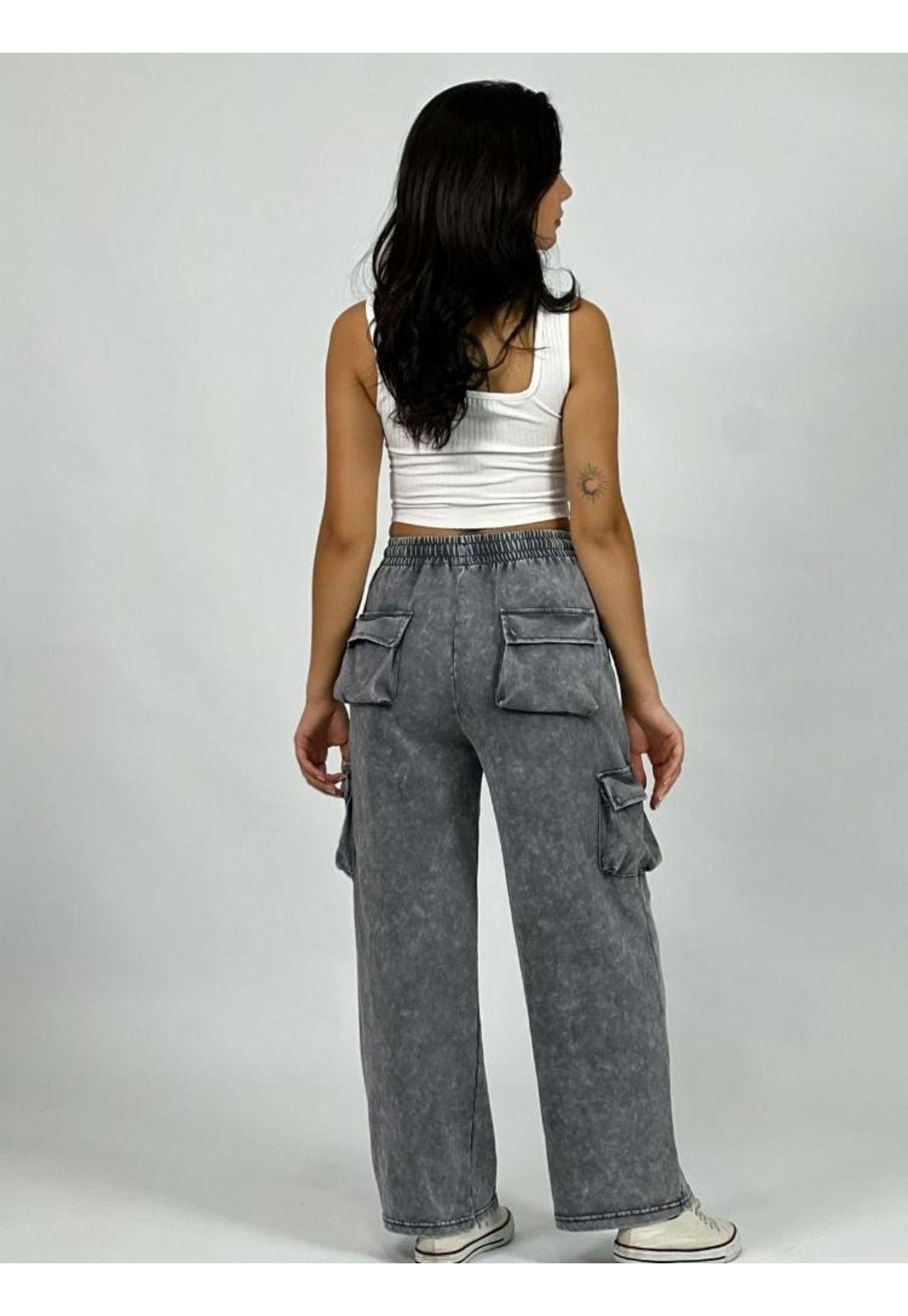 Pantalón Palazzo Algodón Bolsillos Cargo Gris Enigmática Boutique-2