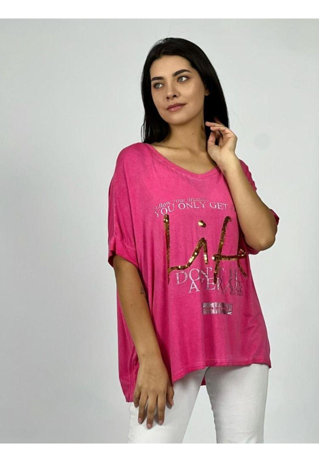 Polera Letras LIFE Lentejuelas Fucsia Enigmática Boutique-1