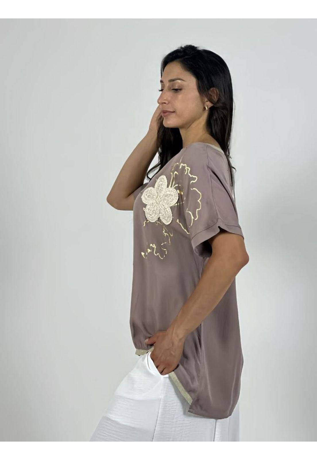 Polera Lino Flor Tejida Lineas Doradas-2