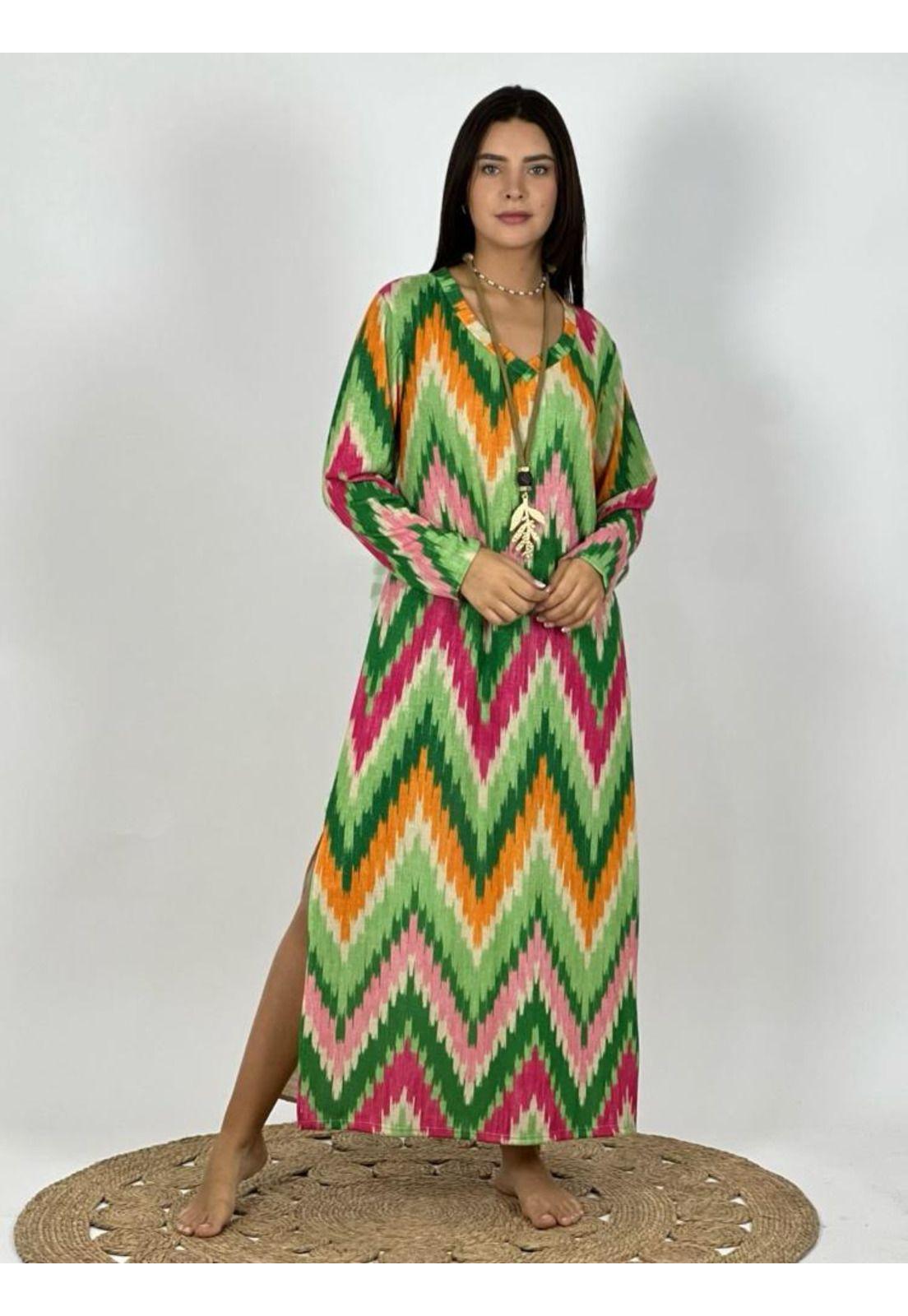 Vestido Italiano Ondas Loto Verde/Fucsia-0