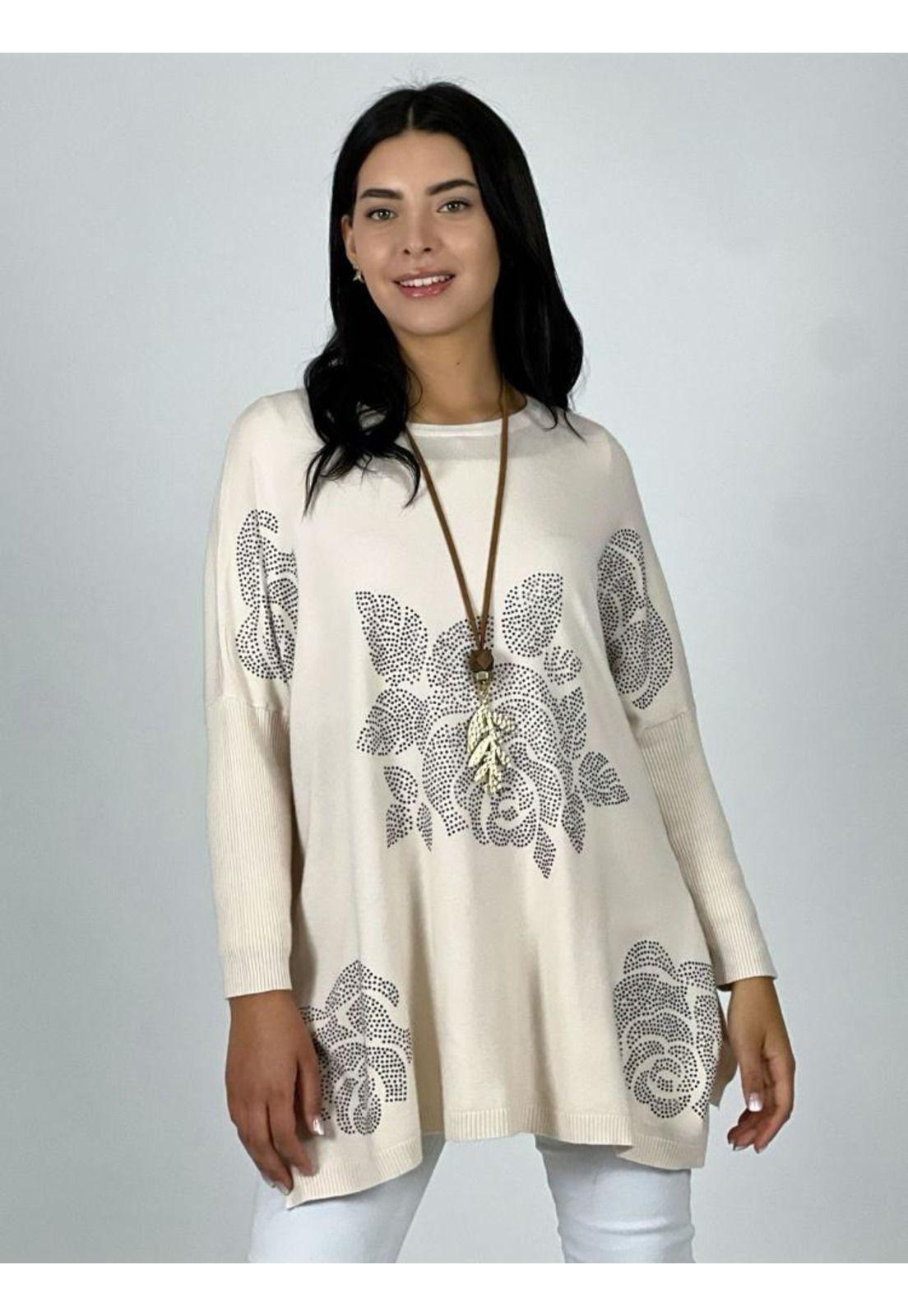 Sweater Spandex Rosas Brillantes Beige-0