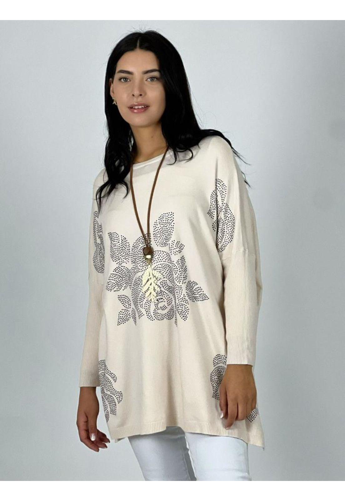 Sweater Spandex Rosas Brillantes Beige-1