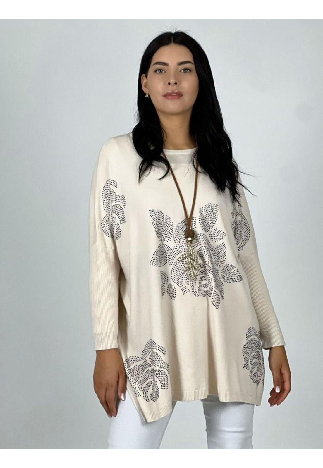 Sweater Spandex Rosas Brillantes Beige-2