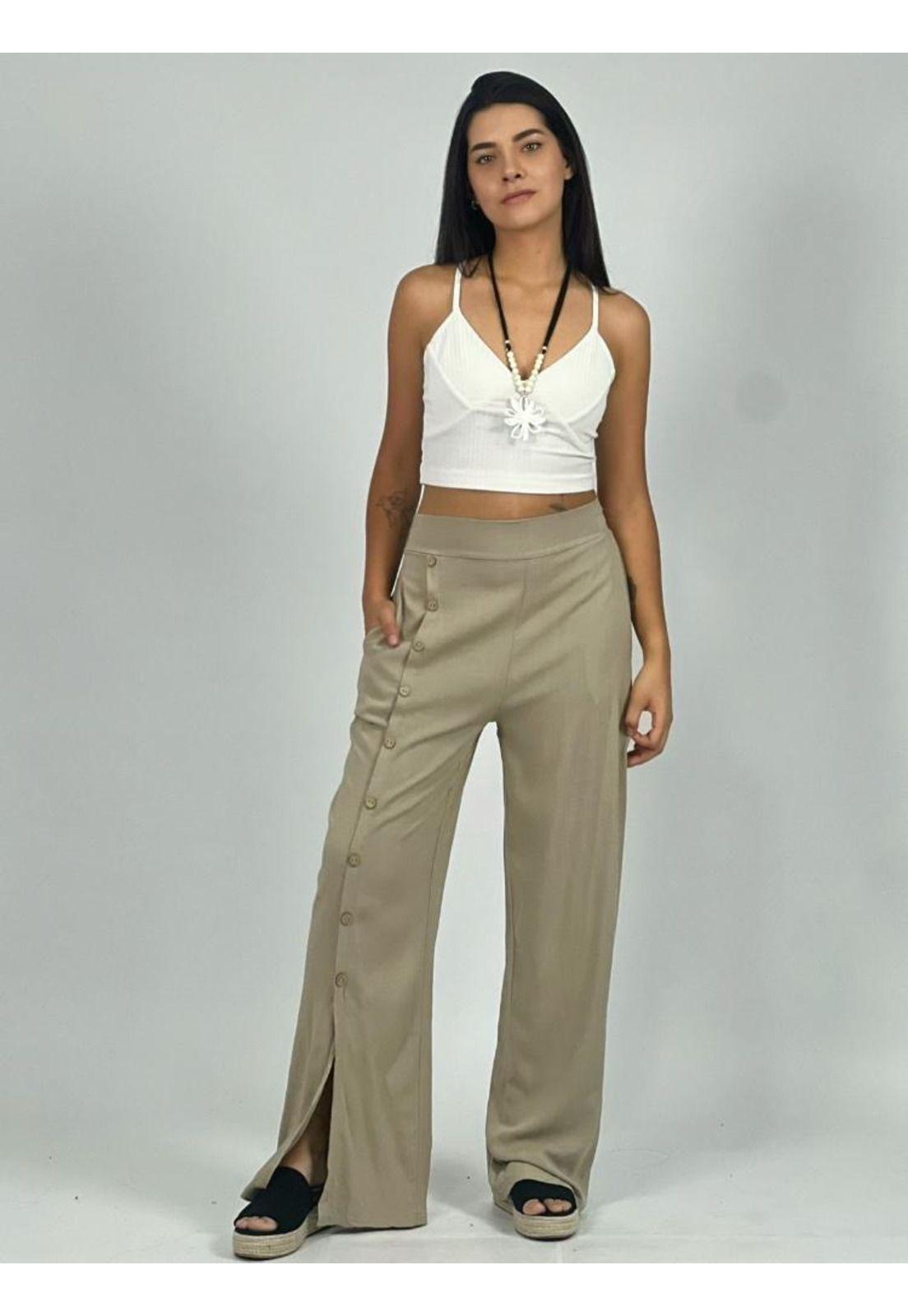 Pantalón Lino 9 Botones Costado Beige Enigmática Boutique-0
