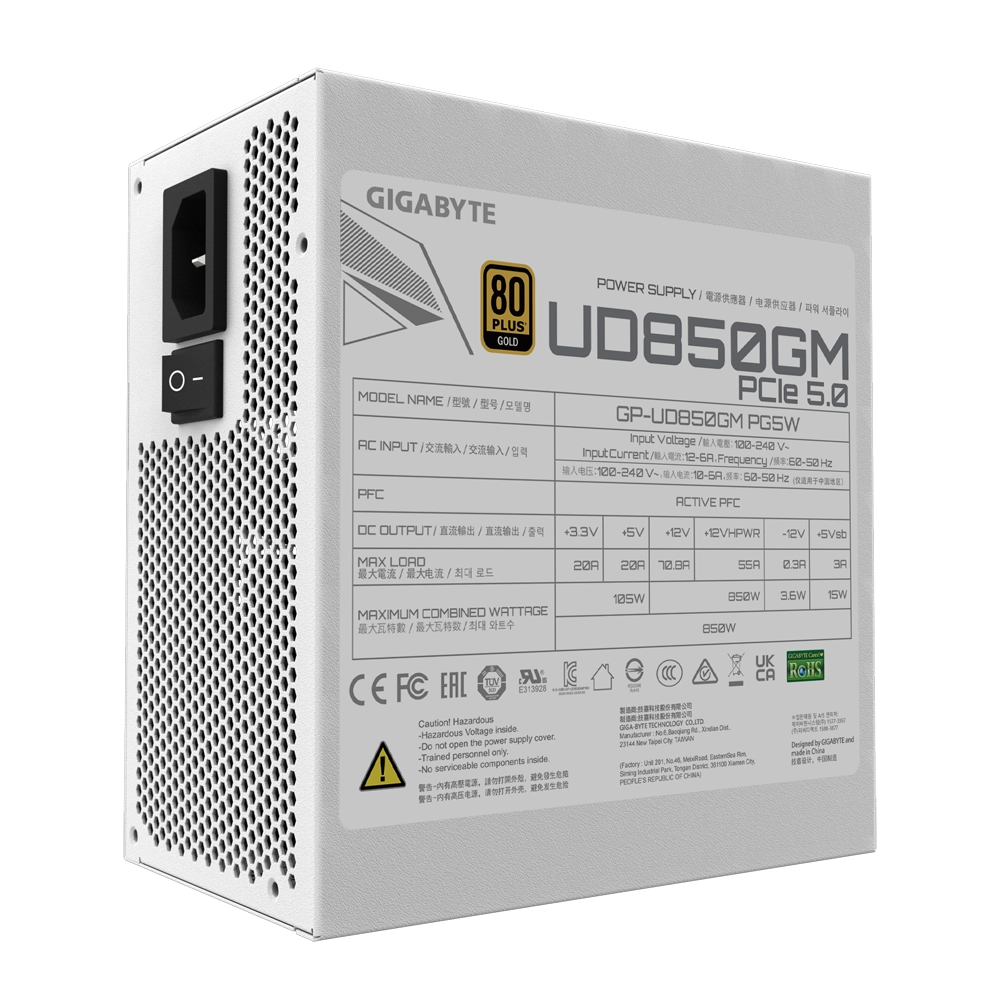 Fuente de Poder Gigabyte UD850GM PG5W 850W Modular, 80+ Gold – Blanca-3