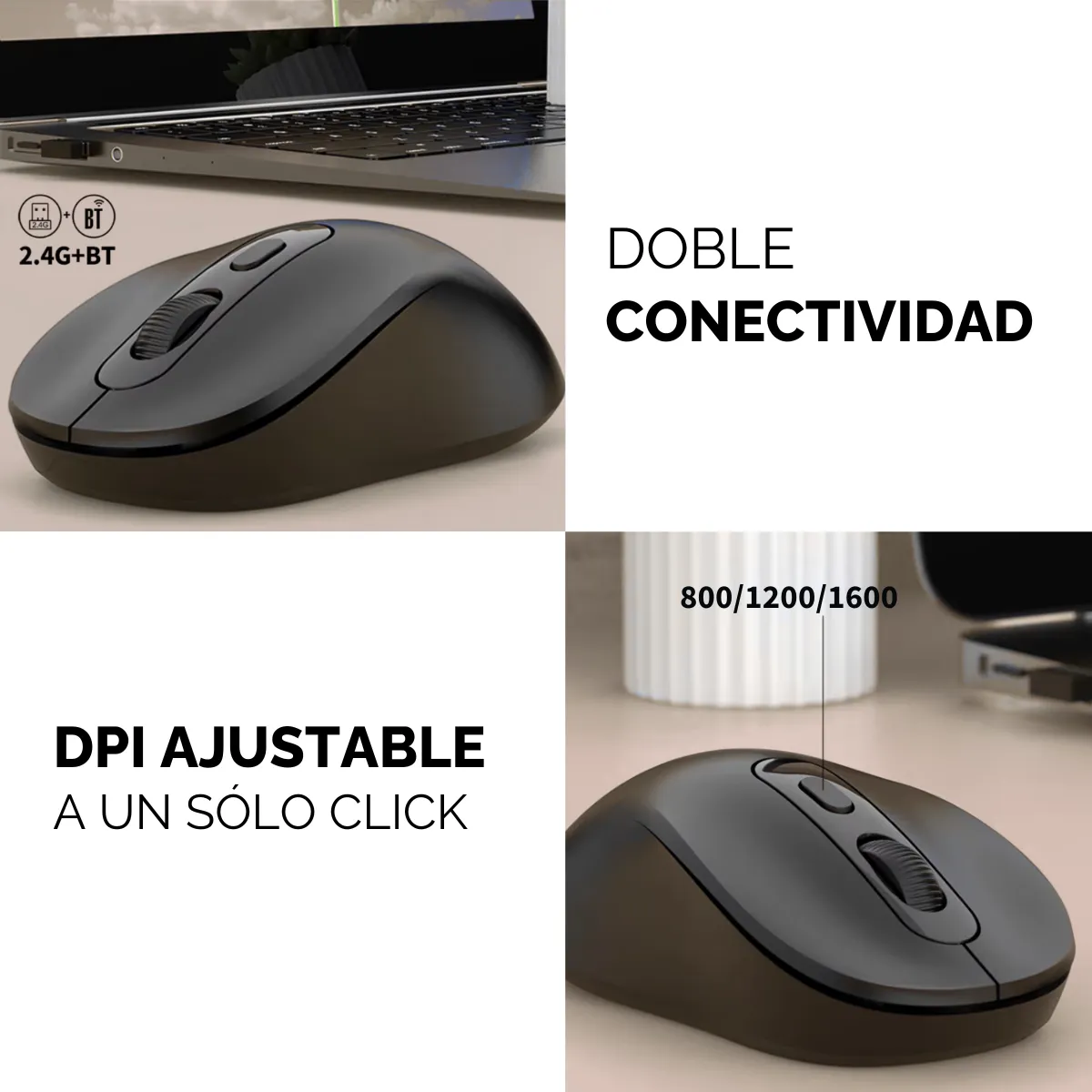 Mouse Inalámbrico 2,4Ghz, 1600 DPI USB-C Recargable Negro-3