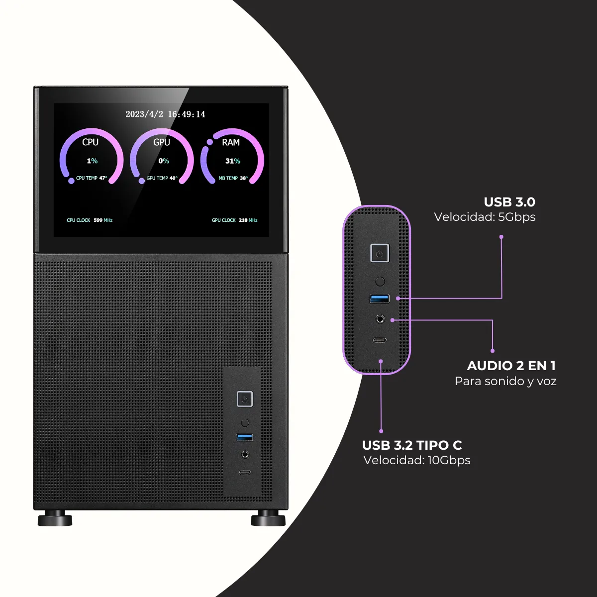 Gabinete Kronos Magic Pantalla Modular mATX USB 3.0 Vidrio Negro-3