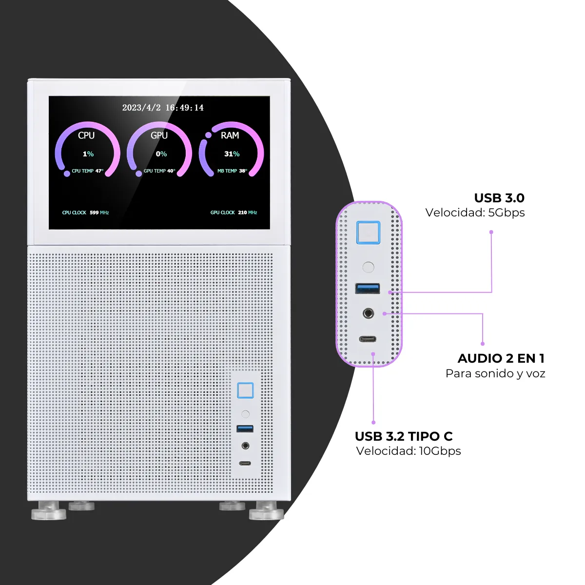 Gabinete Kronos Magic Pantalla Modular mATX USB 3.0 Vidrio Blanco-3