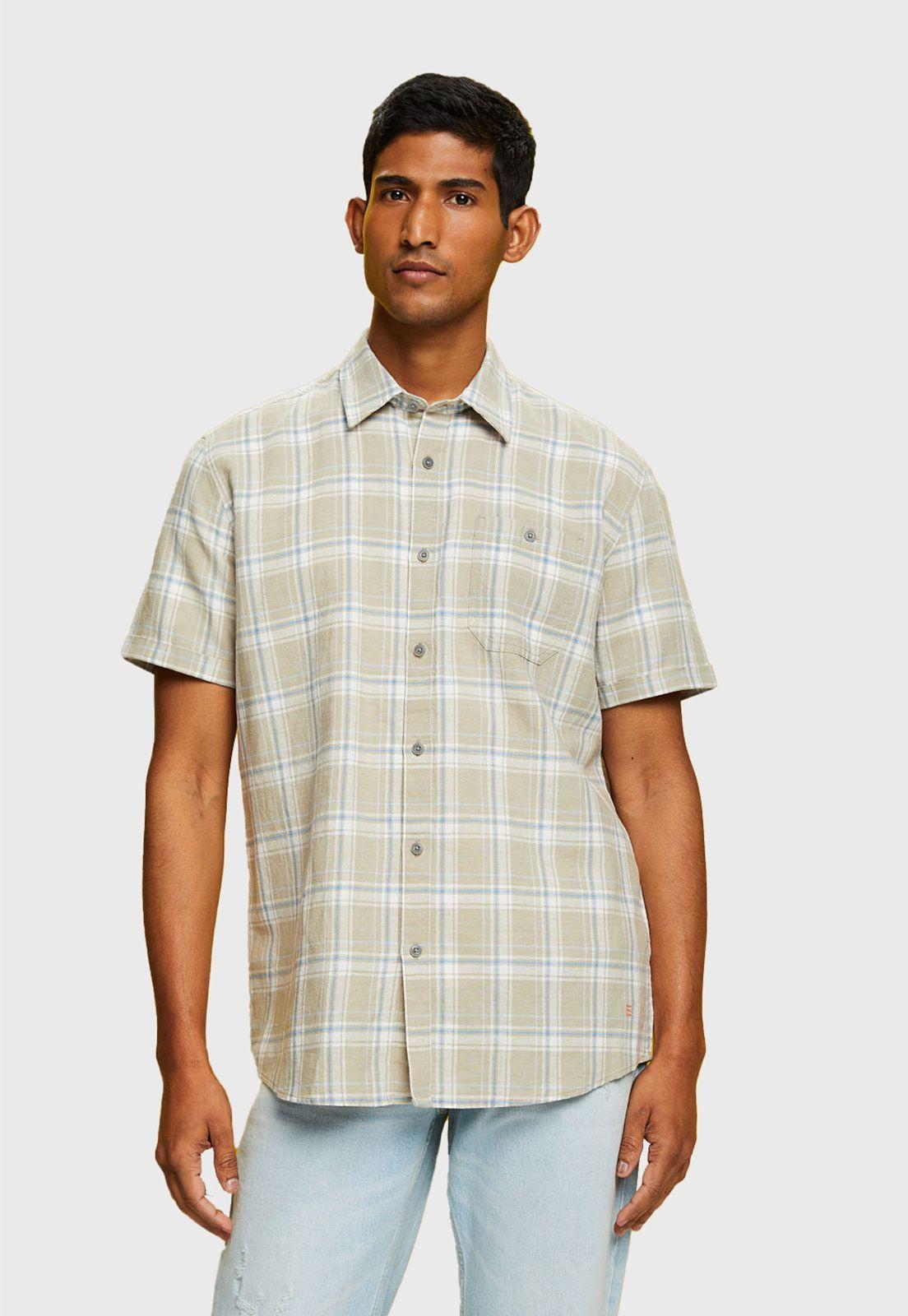 Camisa De Manga Corta A Cuadros Hombre Esprit Azul marino-0