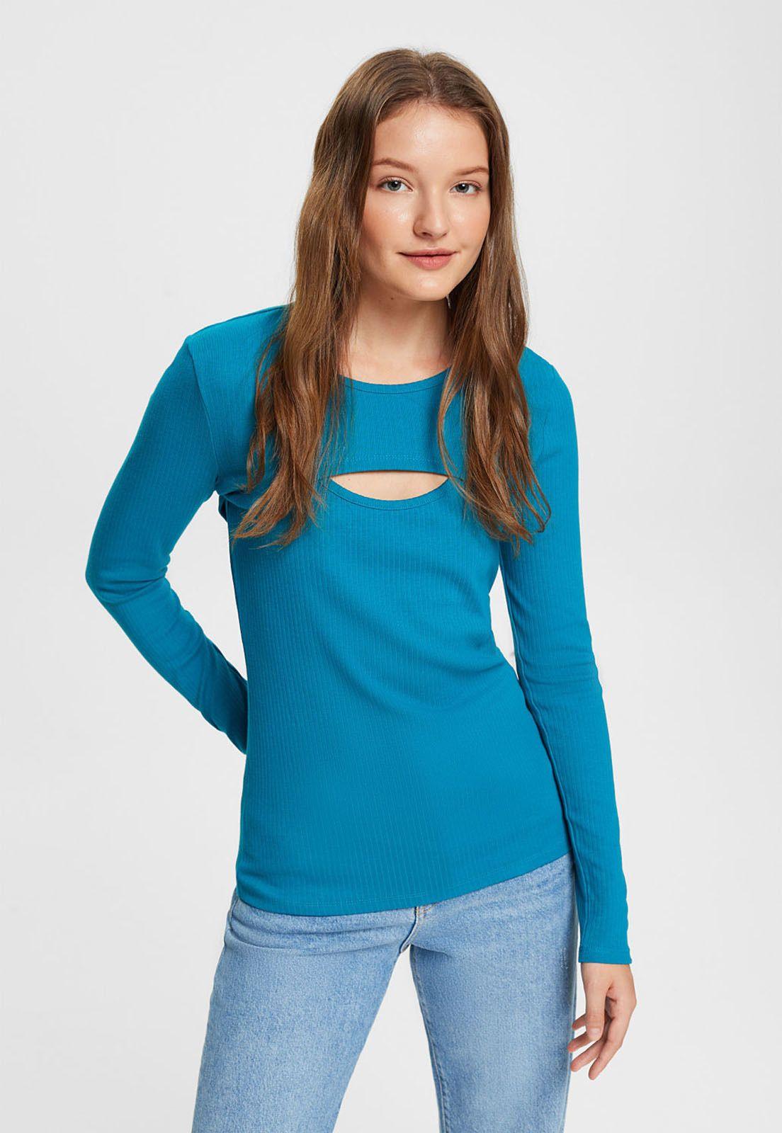 Polera deportiva manga larga escote redondo Mujer Esprit Azul petróleo-0