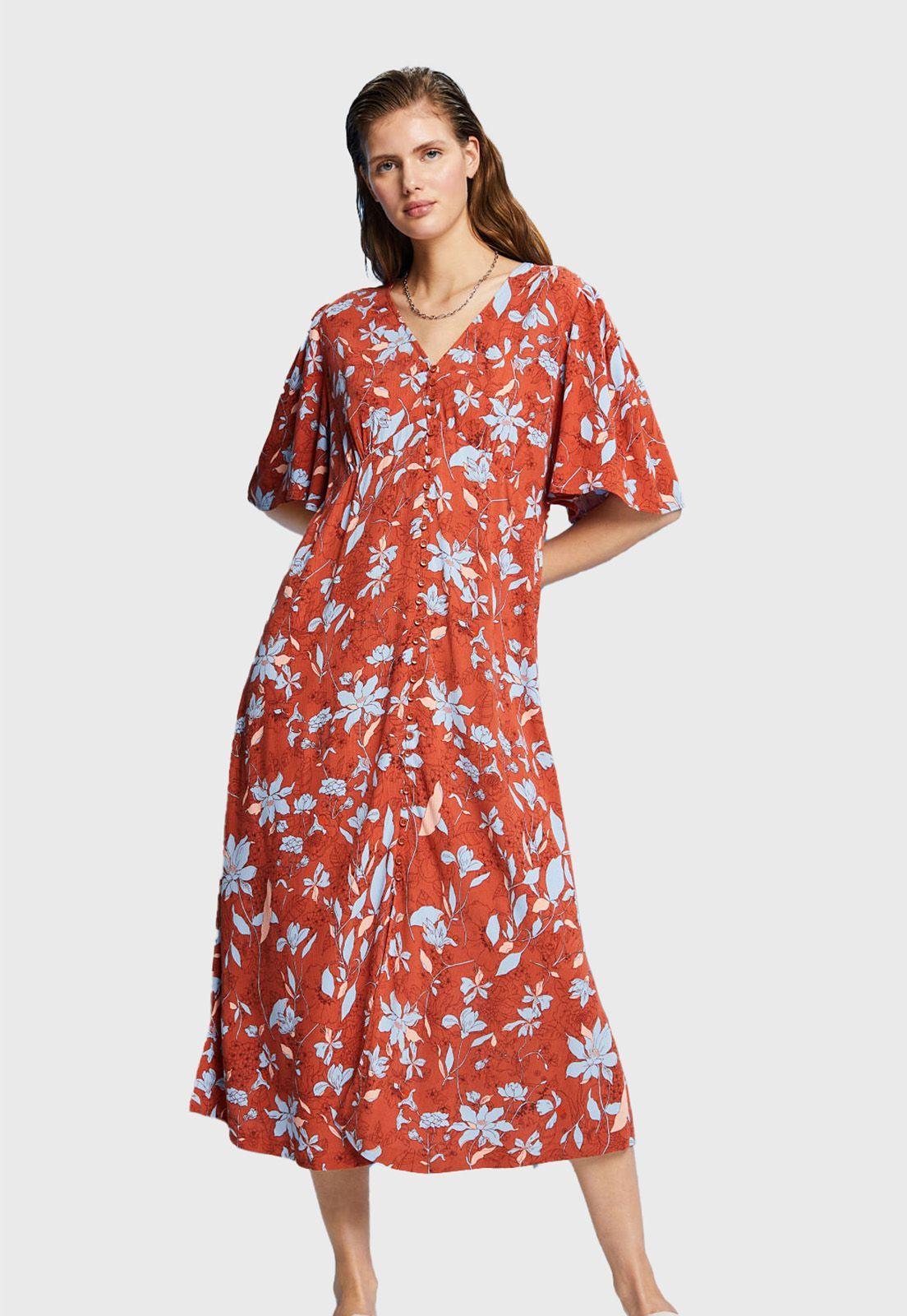 Vestido Midi Estampado Mangas Anchas Mujer Esprit-0