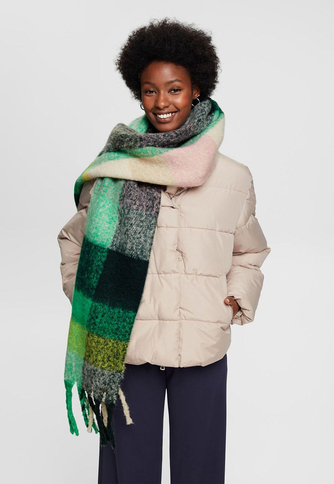 Bufanda con estampado de cuadros y flecos Mujer Esprit-0