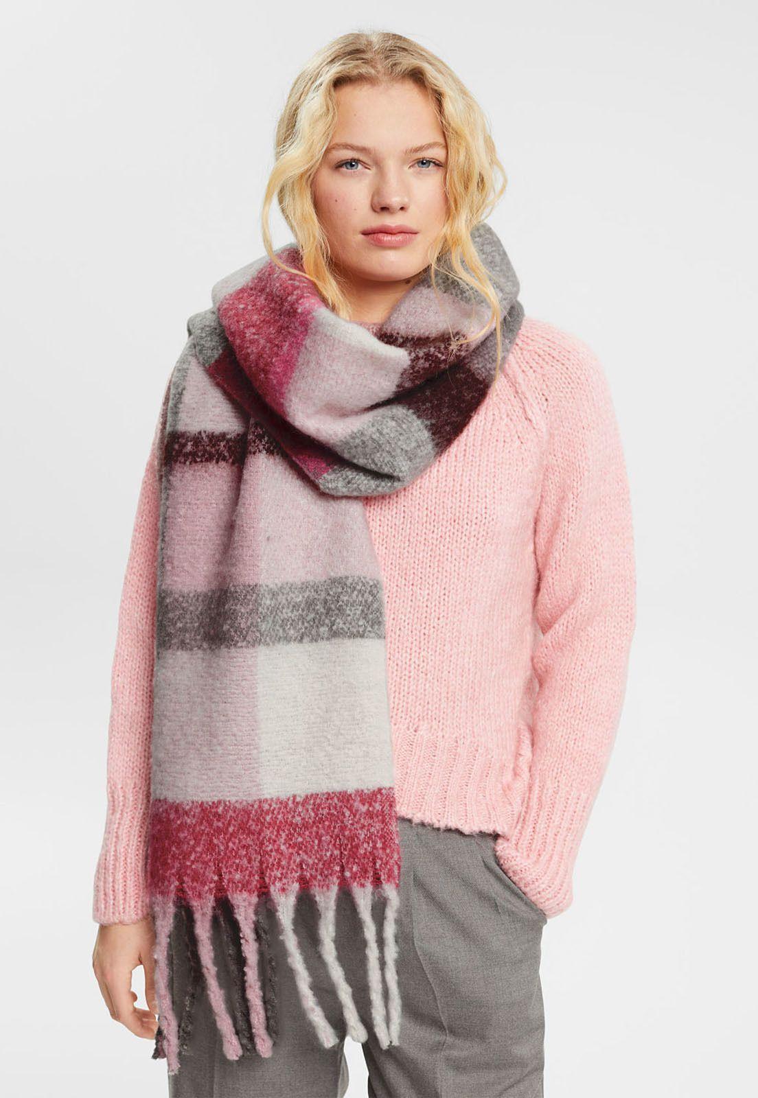 Bufanda con estampado de cuadros y flecos Mujer Esprit-0