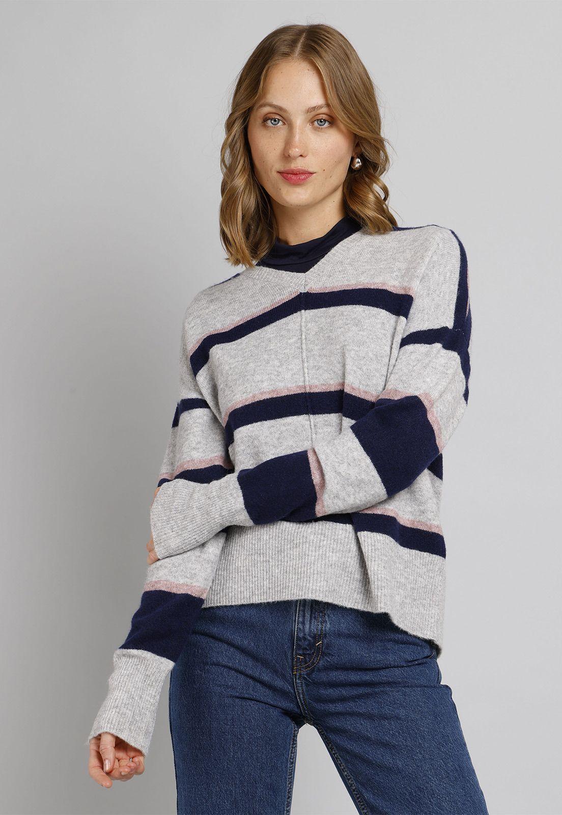 Sweater de Lana a Rayas Cuello V Mujer Esprit 104EE1I342-0