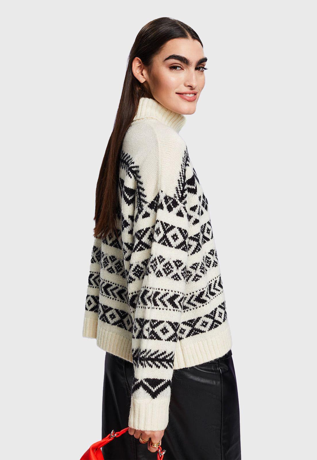 Sweater Jacquard En Mezcla De Lana Con Cuello Alto Mujer Esprit-1