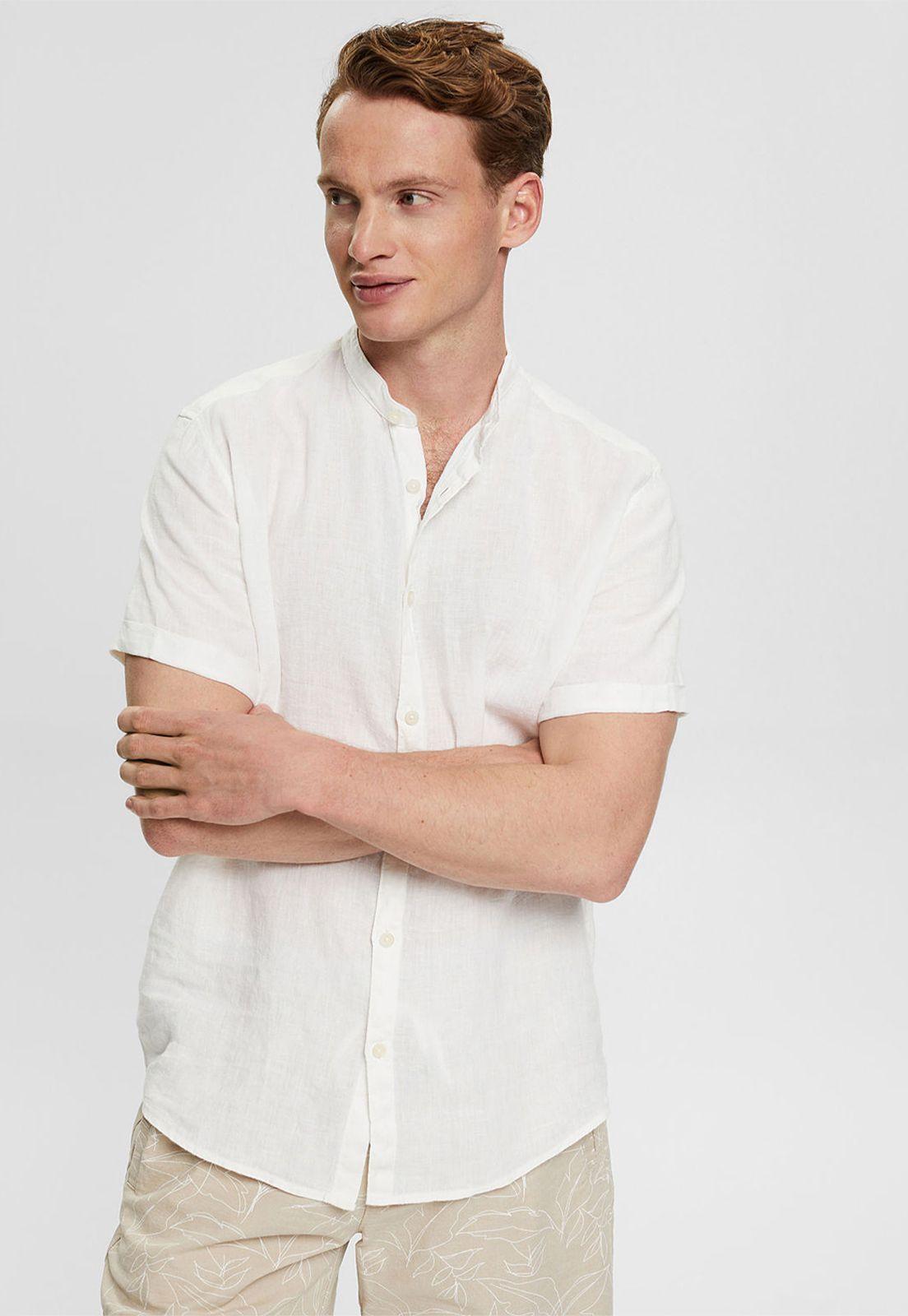 Camisa Con Cuello Mao En 100 % Lino Esprit Khaki-0