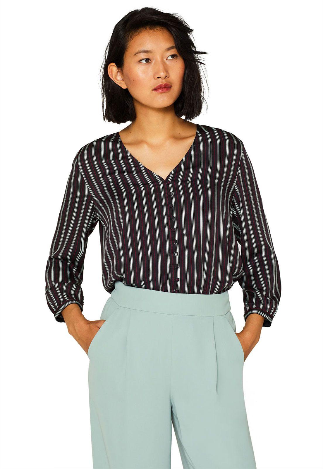 Blusa con estampado y tira de botones decorativa Negro-4