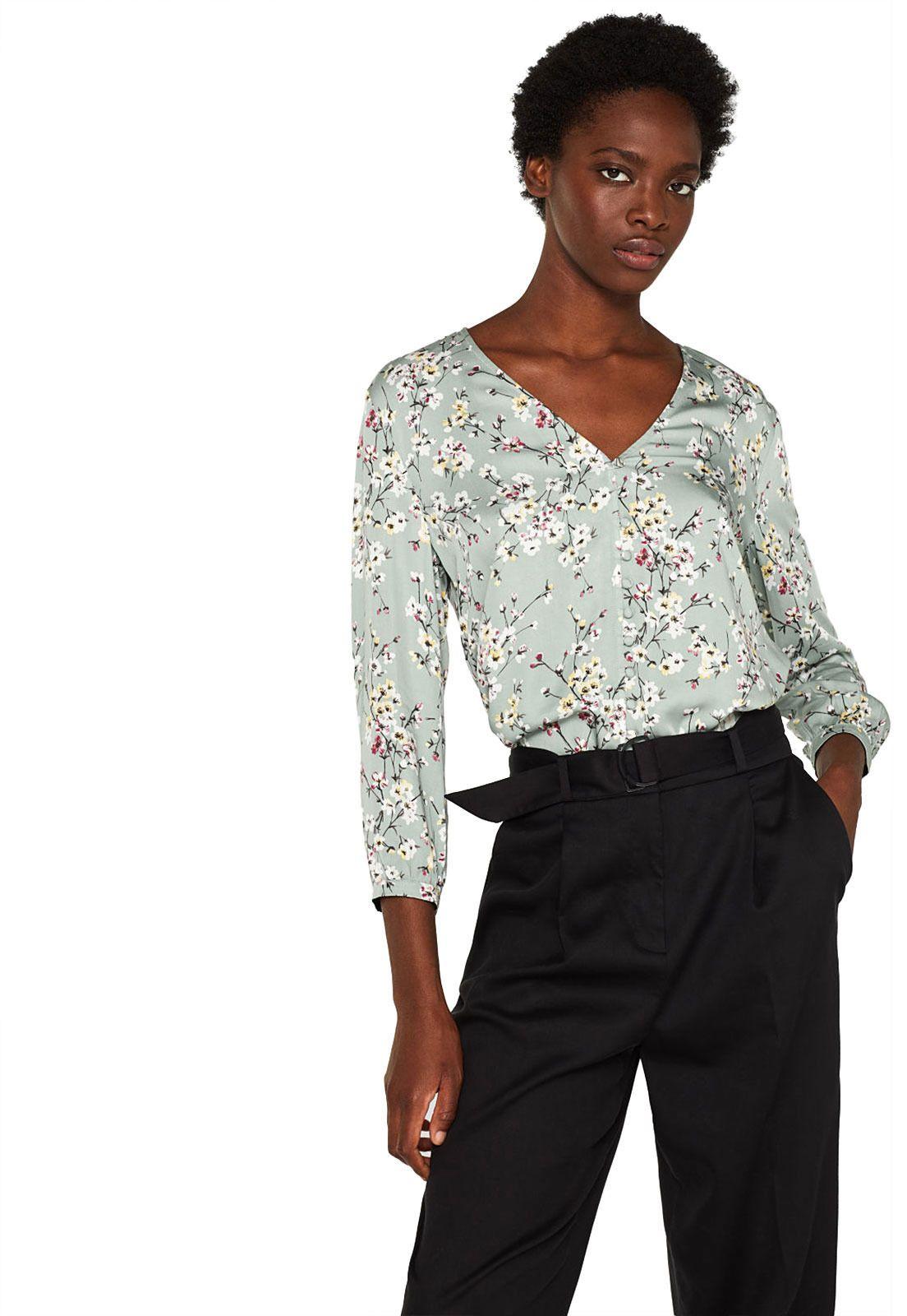 Blusa con estampado y tira de botones decorativa Negro-8