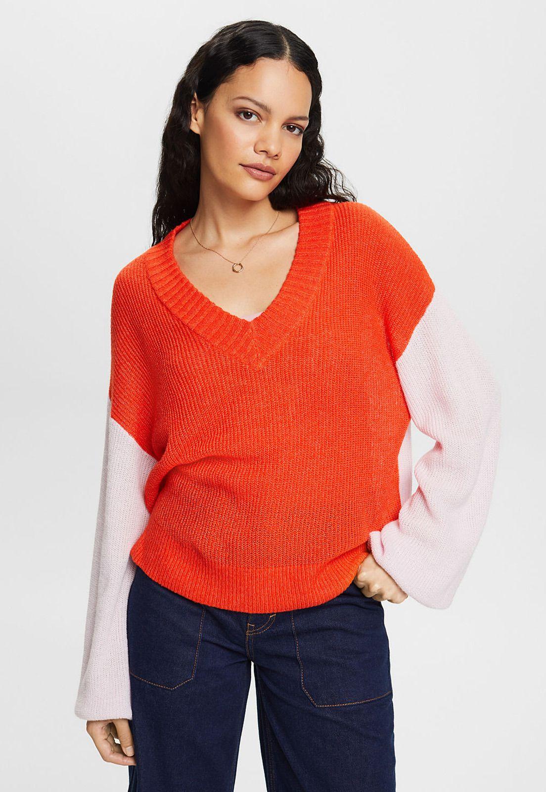 Sweater cuello en v con hombros caídos Mujer Esprit Naranja-0