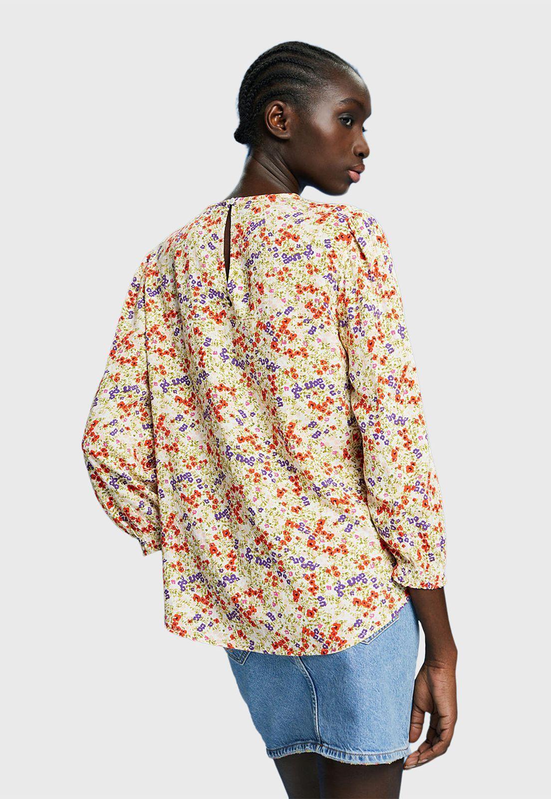Blusa Estampada Floral Con Mangas Ajustadas Mujer Esprit Azul marino-1