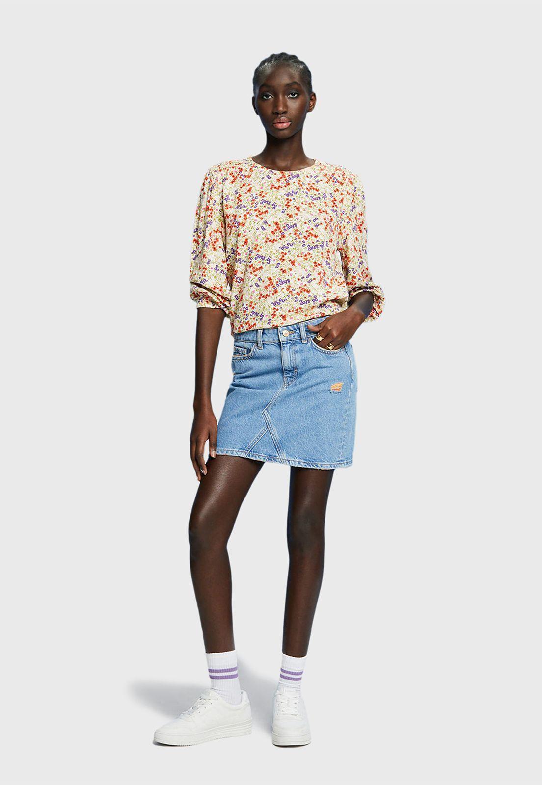 Blusa Estampada Floral Con Mangas Ajustadas Mujer Esprit Azul marino-0