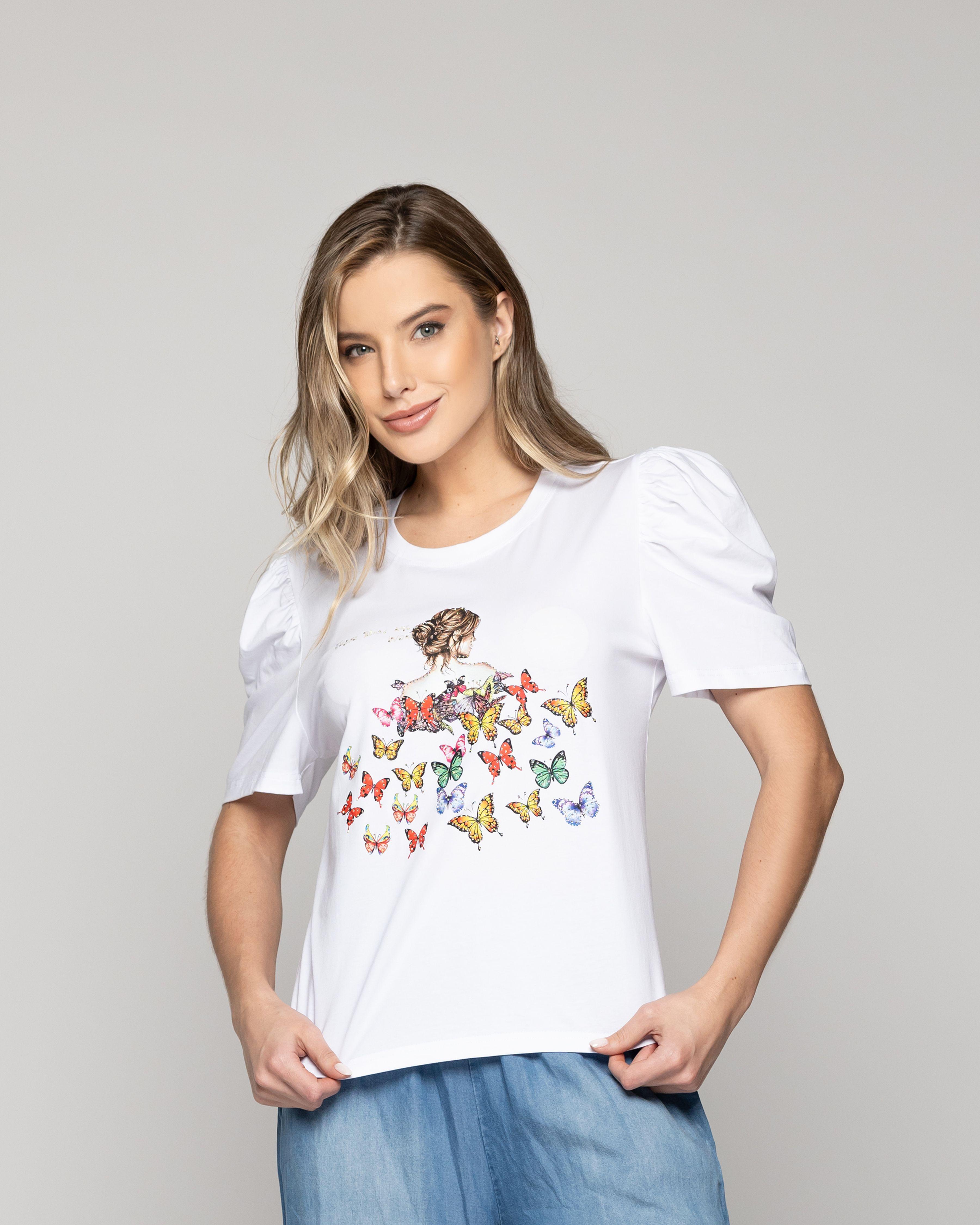 Polera Mujer Ofelia Manga Corta Con Estampado De Mariposas Blanca Lineatre-0